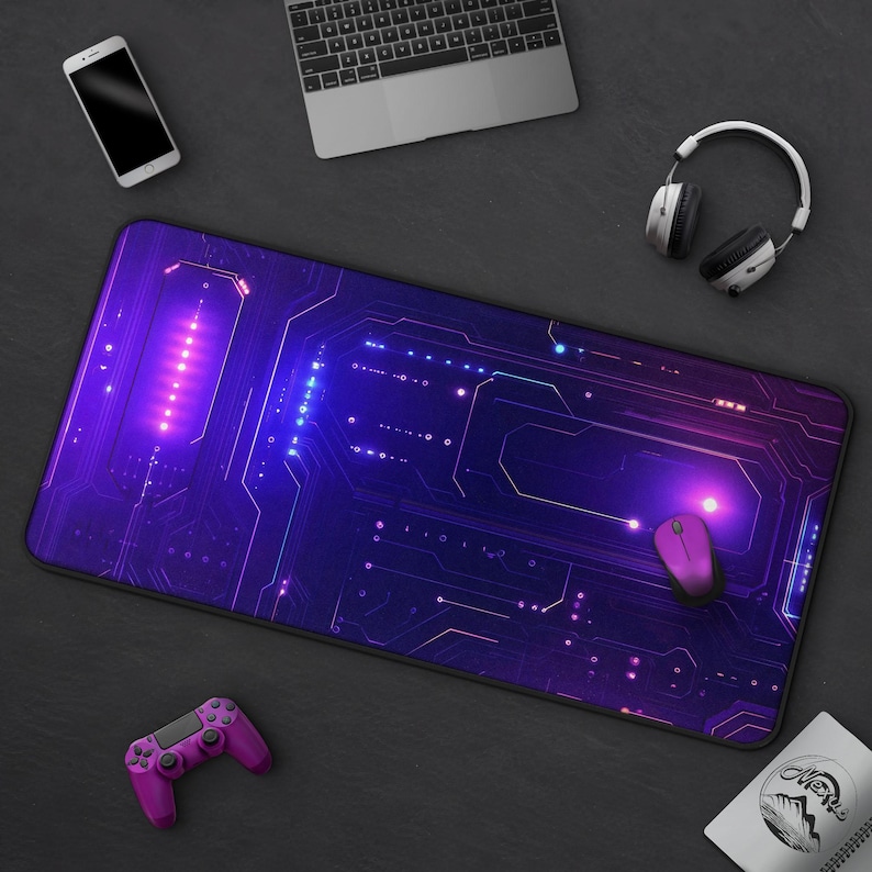 Neon Synapse - Cyber Circuit Board Mousepad, Purple Sci-Fi Tech Desk Mat, Large Gaming Mat, Futuristic Art, Cool Office Decor For Gamer image 1