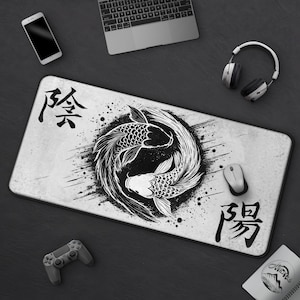 Eternal Flow - Yin & Yang Koi Fish Desk Mat, Cool Modern Japanese Ink Painting Mousepad, Large Gaming Mat, Zen Minimalist Office Decor