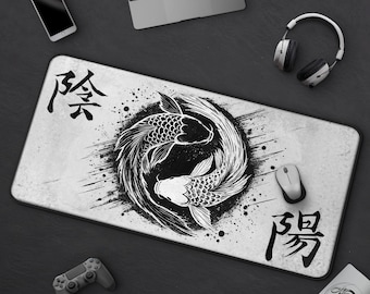 Eternal Flow - Yin & Yang Koi Fish Desk Mat, Cool Modern Japanese Ink Painting Mousepad, Large Gaming Mat, Zen Minimalist Office Decor