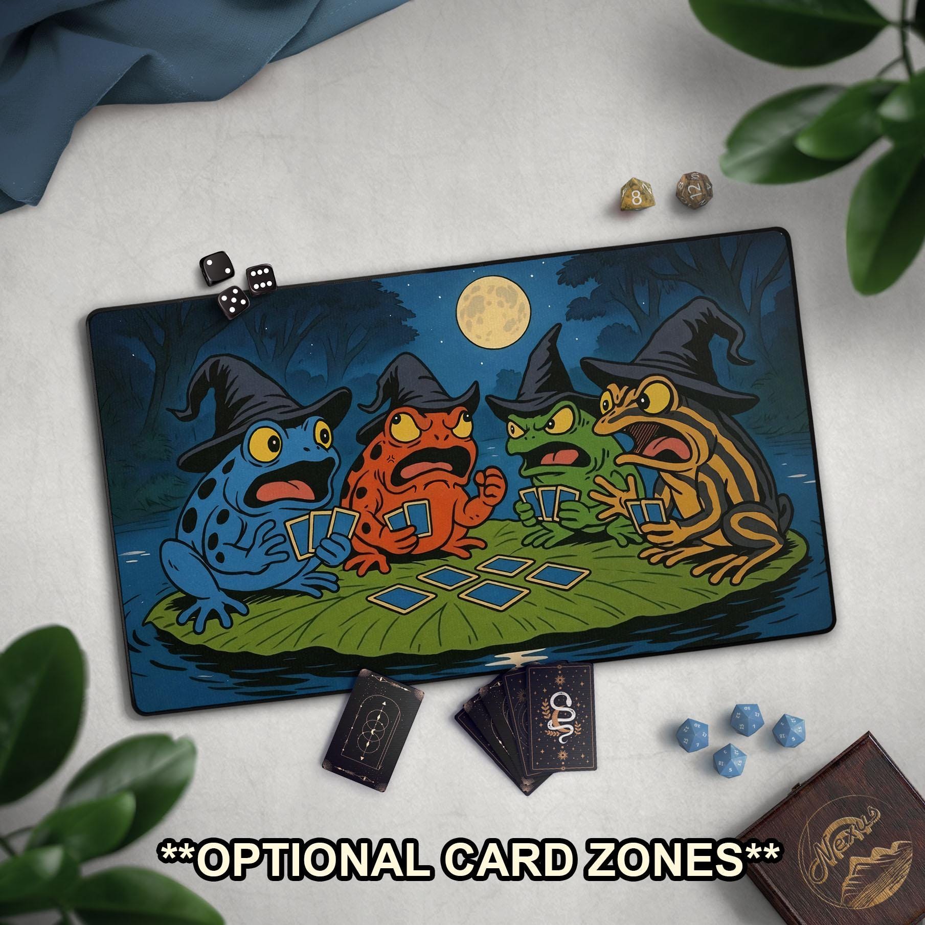Angry Dartfrog TCG Playmat, Funny Witchy Frogs Playing Cards, Play