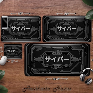 May include: Four black computer desk mats with a circuit board design and the Japanese word "Cyber". The mats measure 45.7 cm x 30.5 cm, 55.9 cm x 30.5 cm, 80 cm x 39.4 cm, and 22.9 cm x 17.8 cm. A smartphone, mouse, and headphones are also visible.
