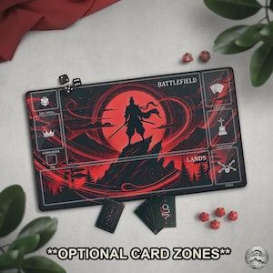 Red Moon Samurai TCG Playmat, Japanese Fantasy MTG Mat With Card Zones, Cool Red & Black Extended Mat, Anime Lover Gift, Katana Warrior