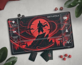 Red Moon Samurai TCG Playmat, Japanese Fantasy Mat With EDH Zones, Cool Red & Black Extended Mat, Anime Lover Gift, Katana Warrior