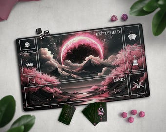 TCG Playmat: Celestial Mat With EDH Zones, Cherry Blossom Playmat, Pink & Black , Fantasy Nature,  Sky Clouds Mountains, Sakura Playmat