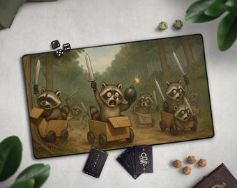 Funny Raccoons Playmat, Silly Raccoon With A Bomb TCG Mat With EDH Card Zones, Cute Animals Trying to Wage War, Gag Gift For New Player