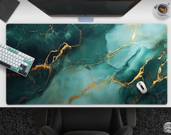 Gilded Jade - Abstract Marble Mousepad, Cool Green & Gold Desk Mat, Modern Teal Design, Large Gaming Mat, Minimalist Office Desk Decor