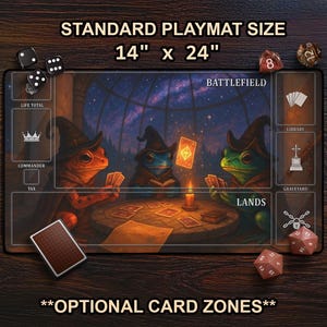 Witchy Frogs Playing Cards TCG Playmat, Scenic Dartfrog Fantasy Art With Card Zones For MTG, Starry Night Sky Observatory, MTG Player Gift