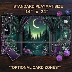 Lunar Arch - Witchy Fantasy TCG Playmat, MTG Mat With Card Zones, Gothic Floral Moon & Starry Sky, Cute Forest Night, Large Extended Playmat