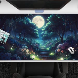 Moonlit Forest Night Mousepad, Enchanted Floral Woodland Desk Mat, Fantasy Aesthetic Gaming Decor, Large Mouse Pad, Office Desk Accessories