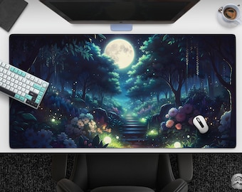 Moonlit Forest Night Mousepad, Enchanted Floral Woodland Desk Mat, Fantasy Aesthetic Gaming Decor, Large Mouse Pad, Office Desk Accessories