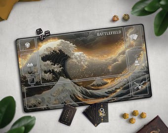 Cool Wave TCG Playmat, Cloudy Sky & Ocean Waves Mat With EDH Card Zones, Grey And Gold, Japanese Great Wave Off Kanagawa Inspired Design
