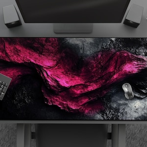 Velvet Abyss - Dark Abstract Mousepad, Cool Pink & Black Desk Mat, Modern Textured Wave Design, Large Gaming Mat, Contemporary Office Decor