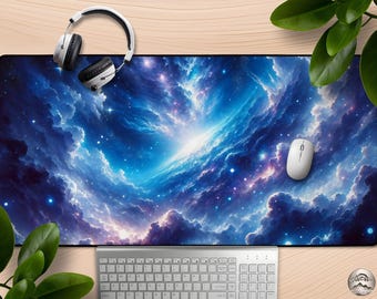 Blue Celestial Sky Mousepad, Cosmic Starry Space Desk Pad, Astral Cloudscape, Large Anime Clouds Mouse Pad, Desk Accessories, Gaming Decor