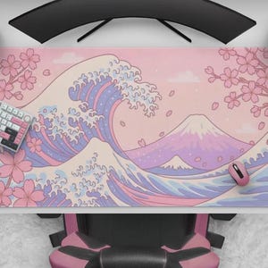 Kawaii Cherry Blossom Great Wave Mousepad, Cute Pastel Pink & Blue Sakura Desk Mat, Large Anime Mat For Gaming And Office Bild 2