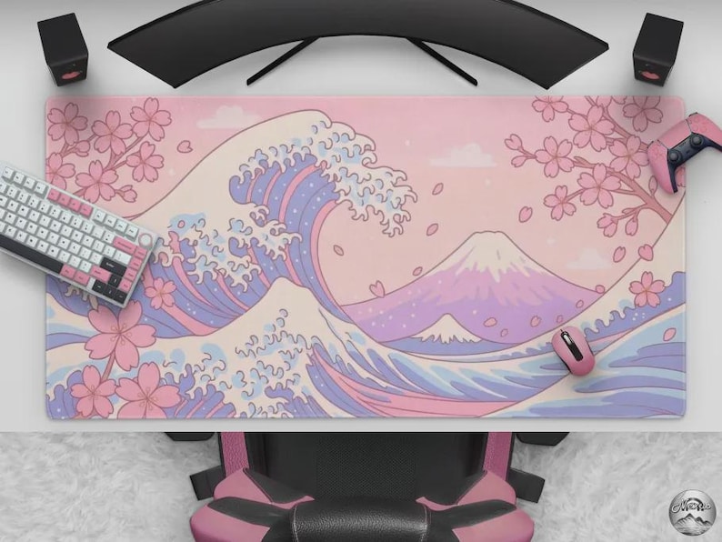 Kawaii Cherry Blossom Great Wave Mousepad, Cute Pastel Pink & Blue Sakura Desk Mat, Large Anime Mat For Gaming And Office Bild 2