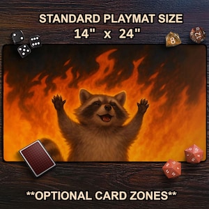 Funny Raccoon & Fire TCG Playmat, Funny Animal Art Mat For MTG With Card Zones, Extended Playmat,    Silly TCG Gag Gift, Chaotic Raccoon Art