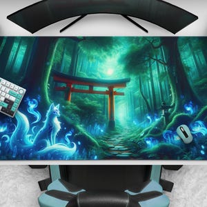 Kitsune Spirit - Japanese Fox Gaming Mousepad, Mystic Forest Desk Mat, Large Extended Mat, Cool Gift For Gamer & Anime Lover, Fox AndTorii