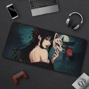 Katana Girl With Kitsune Mask Gaming Mousepad, Anime Samurai Waifu Desk Mat With Eerie Glitch Art Forest Shrine & Moon, Cool Fox Mask Girl