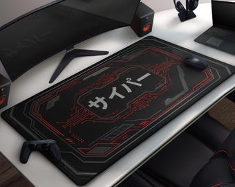 Red & Black Cyber Gaming Mousepad, Cyberpunk Desk Mat, Futuristic Sci-Fi Design, Large Extended Mat, Cool Circuit Board, Kanji For "Cyber"