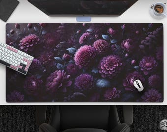Dahlia Bloom - Purple Dark Floral Mousepad, Moody Vintage-Inspired Flower Desk Mat, Large Gothic Gaming Mat, Botanical Nature, Office Decor