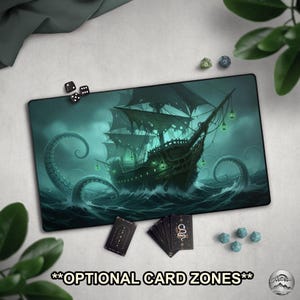 Kraken & Ghost Ship TCG  Playmat, Pirate Ship And Stormy Seas Mat With EDH Zones, Dark Fantasy Sea Creature, Extended Play Mat, Ocean Horror