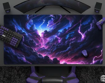 Violet Tempest - Cool Purple Clouds Mousepad, Stormy Sky Desk Mat, Celestial Thunder, Large Cosmic Anime Mouse Pad, Gaming Desk Accessories