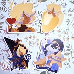 May include: Four stickers featuring cartoon characters. One holds a red heart, another is in a banana peel, and two others are on star-shaped backgrounds. One star says "Drop Out." The other says "STAR Student."