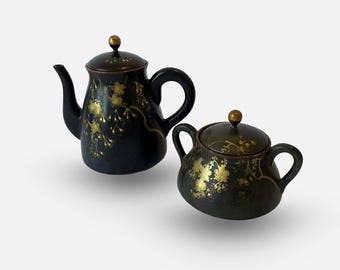 Japanese Lacquered Wooden Tea Pot and Sugar Bowl - Antique