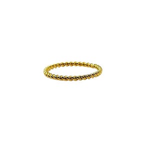 May include: A gold-colored ring with a twisted rope design. The ring is a simple band, with a continuous pattern of interwoven strands. The ring is set against a white background.