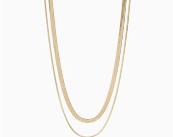 NO TARNISH 18k Gold Dainty Layered Necklace Set Herringbone Necklace Thin Snake Chain Necklace Waterproof Delicate Gold Layering Necklace