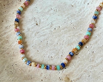 Niet-verkleurende 18k gouden pastelkleurige kralenketting | Kleurrijke snoepkralenketting | Handgemaakte edelsteenketting