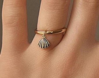 NON TARNISH 18k Gold Shell Charmed Ring | Dangle Charm Ring | Dainty Minimalist Stacking Ring | Waterproof & Tarnish Free