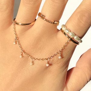 18k Gold Süßwasserperle Shaker Kette Ring | Doppelband-Knöchelring | Wasserdicht und anlaufgeschützt