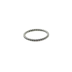 May include: A silver-colored ring with a twisted rope design. The ring is circular and sits on a white background. The ring is a simple, elegant piece of jewelry.