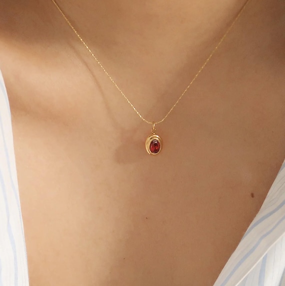 18k Non-Tarnish Red Gemstone Oval Pendant Necklace | January Birthstone | Dainty Garnet Modern Trending Vintage Necklace