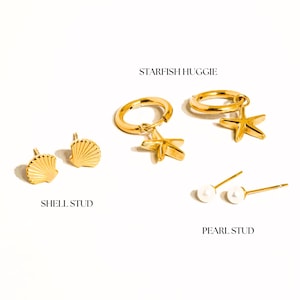 NON TARNISH 18k Coastal Earring Stack Set | Starfish Seashell Pearl Stud | Summer Ocean Lover Gift | Waterproof & Hypoallergenic Jewelry