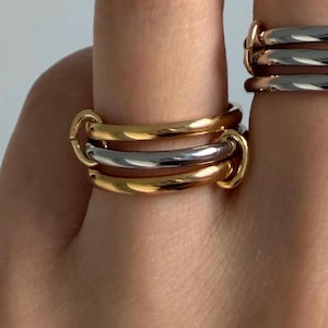 NON TARNISH Gold And Silver Mixed Metal Triple Interlocking Stacking Ring | Two Tone Connected Multi Link Ring
