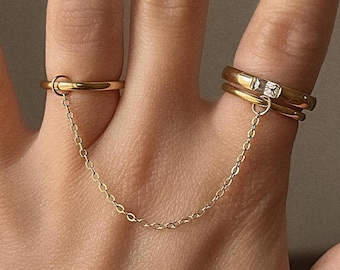 Nicht anlaufen 18k Gold Doppelbandring zierlicher Kettenring Dünner Stapelring Minimalistischer wasserdichter Doppelring mit Kettenknöchelring