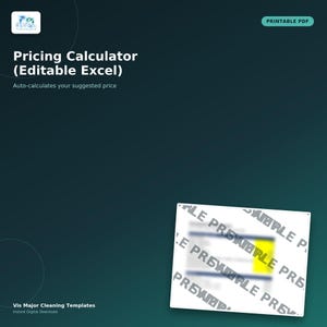 May include: A digital pricing calculator template in an editable Excel format. The dark green background features the text Pricing Calculator (Editable Excel) and Auto-calculates your suggested price, with a sample preview box at the bottom.