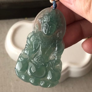 49.5 mm Icy Green Jadeite Jade Carved Mother Guanyin Pendant