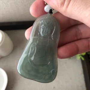 57.9 mm Icy Waterlake Green Jadeite Jade Carved Guanyin Pendant