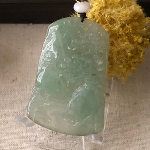61 mm Icy Waterlake Zielony Jadeit Jade Rzeźbiony Krajobraz Góry Drzewa Wisiorek