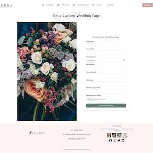 Op de afbeelding: Een webpagina met de tekst "Get a Custom Wedding Page" en een formulier om een ​​trouwpagina te maken. De pagina bevat een boeket bloemen met rozen en andere bloemen in roze, perzik en paarse tinten.