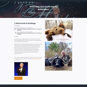 K&ouml;nnte beinhalten: Webseite f&uuml;r Rugged Expeditions mit J. Alain Smith. Die Seite zeigt Veranstaltungen, Fotos von Wildtieren und ein Foto von J. Alain Smith. Die Website wirbt f&uuml;r Jagd und Naturschutz.