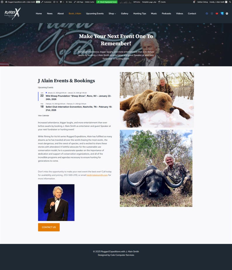 K&ouml;nnte beinhalten: Webseite f&uuml;r Rugged Expeditions mit J. Alain Smith. Die Seite zeigt Veranstaltungen, Fotos von Wildtieren und ein Foto von J. Alain Smith. Die Website wirbt f&uuml;r Jagd und Naturschutz.