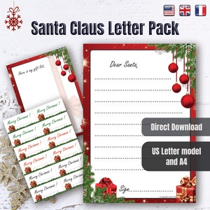 Lettre Père Noël avec liste de souhaits et étiquettes cadeaux - Téléchargement instantané - PDF Lettre US et A4 - Anglais et Français inclus