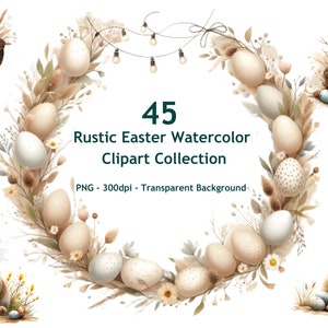 45 Rustic Easter Watercolor Clipart Collection, Tumbler Design, Easter Clipart, Nursery, Babyshower, Easter bunny, Easter eggs, Easter chick