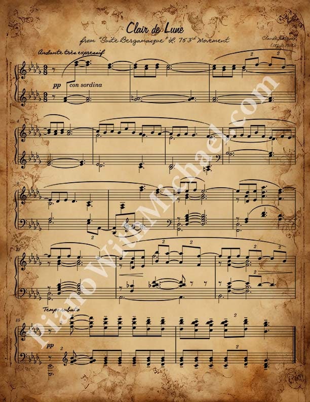 Clair De Lune, Debussy - Vintage Style Digital Sheet Music