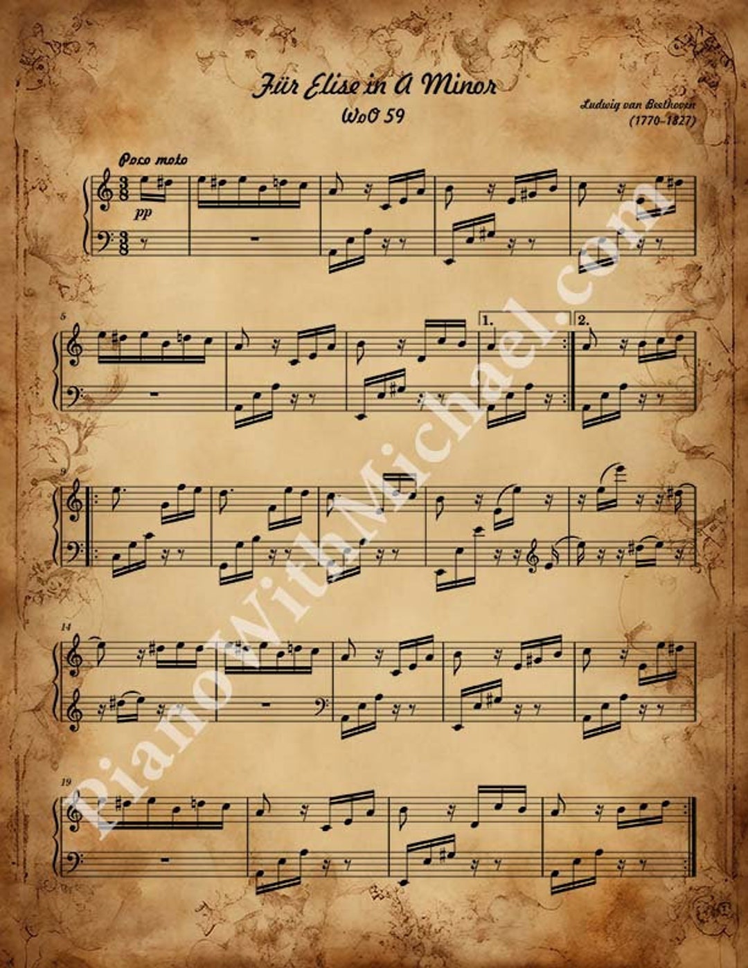 Fur Elise, LV Beethoven - Vintage Style Digital Sheet Music for