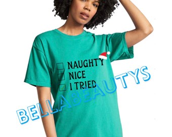 Travieso, agradable, lo intenté (Navidad), camiseta de vinilo, camiseta de vinilo personalizada, idea de Navidad, camiseta navideña, camisa personalizada, camiseta personalizada, camisetas